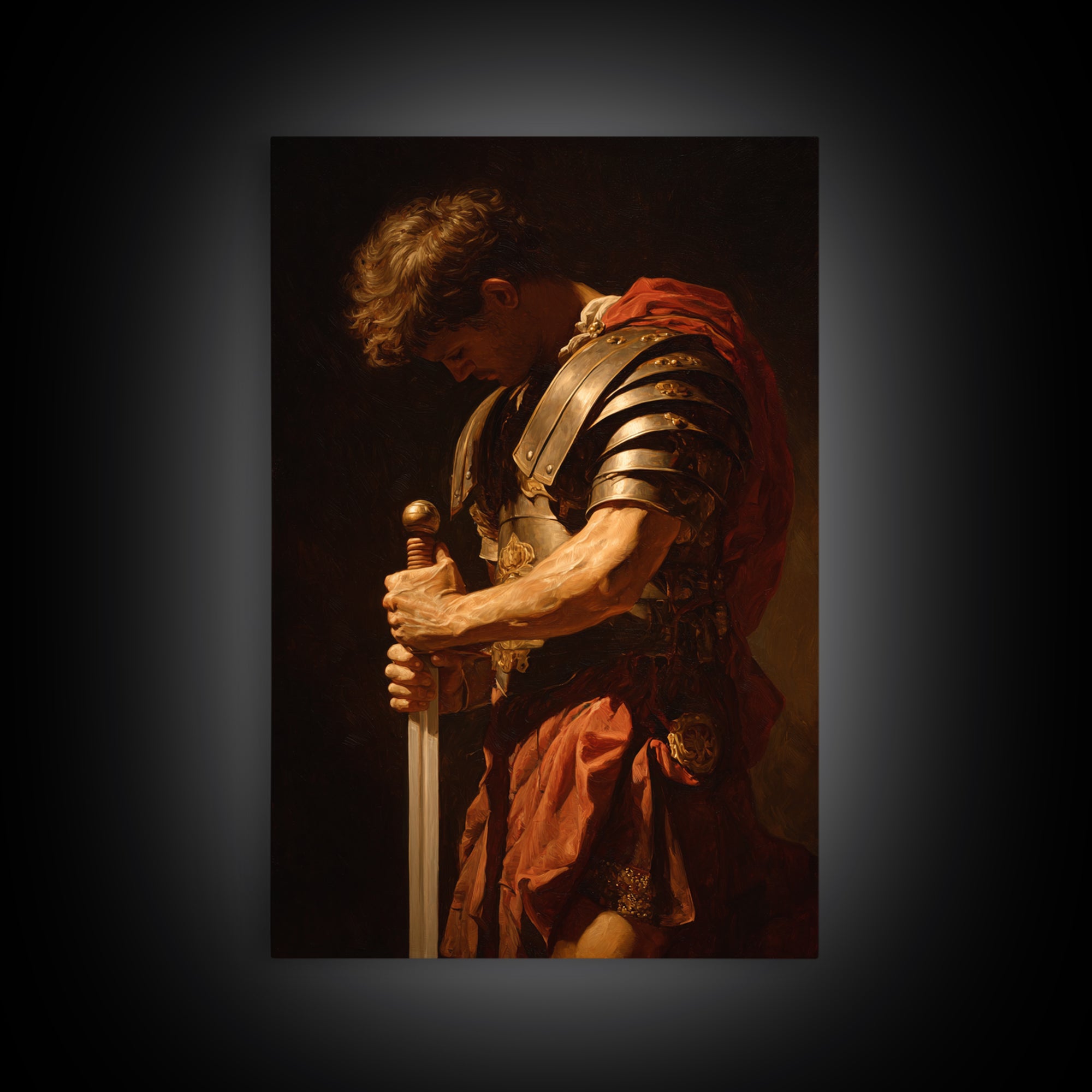 Roman Commander With Sword Framed Canvas Print, Dramatic Warrior Wall Art, Classical Oil Painting, Dark Academia Office Decor