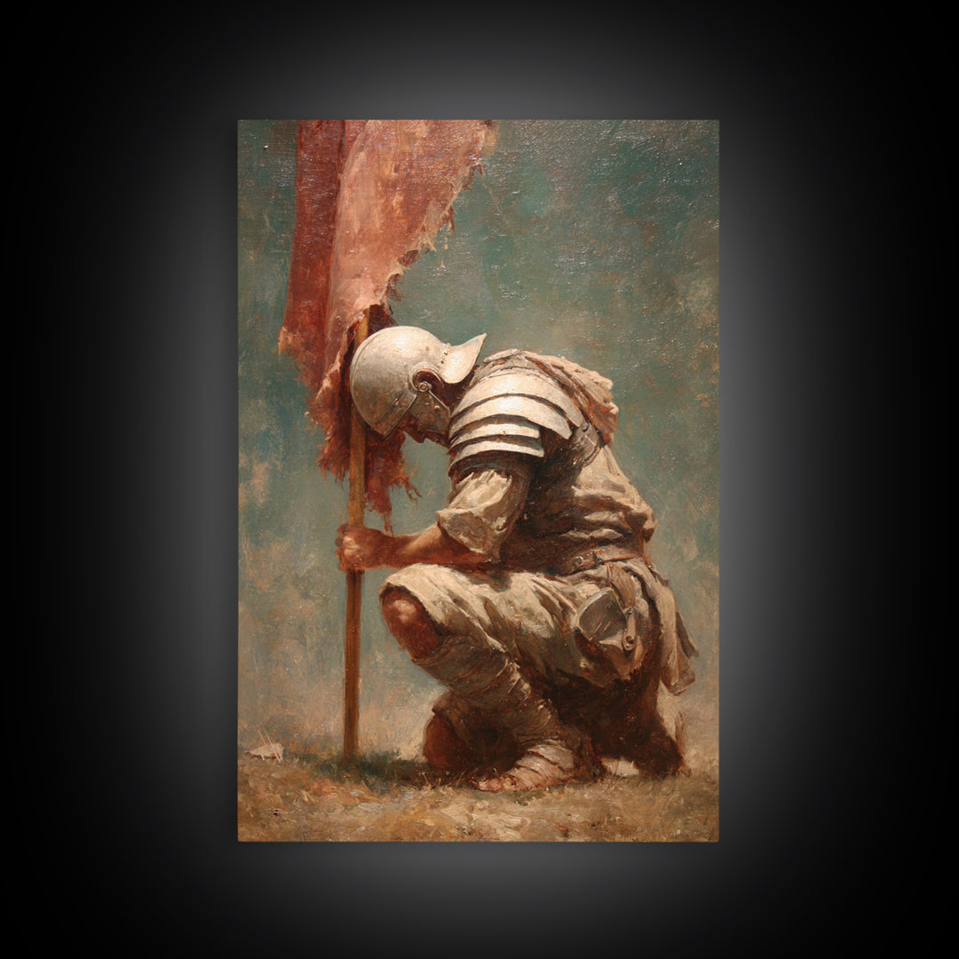 Kneeling Medieval Soldier With Torn Banner Wall Art, Somber Warrior Canvas Print, Historical Battle Decor, Memorial Gift