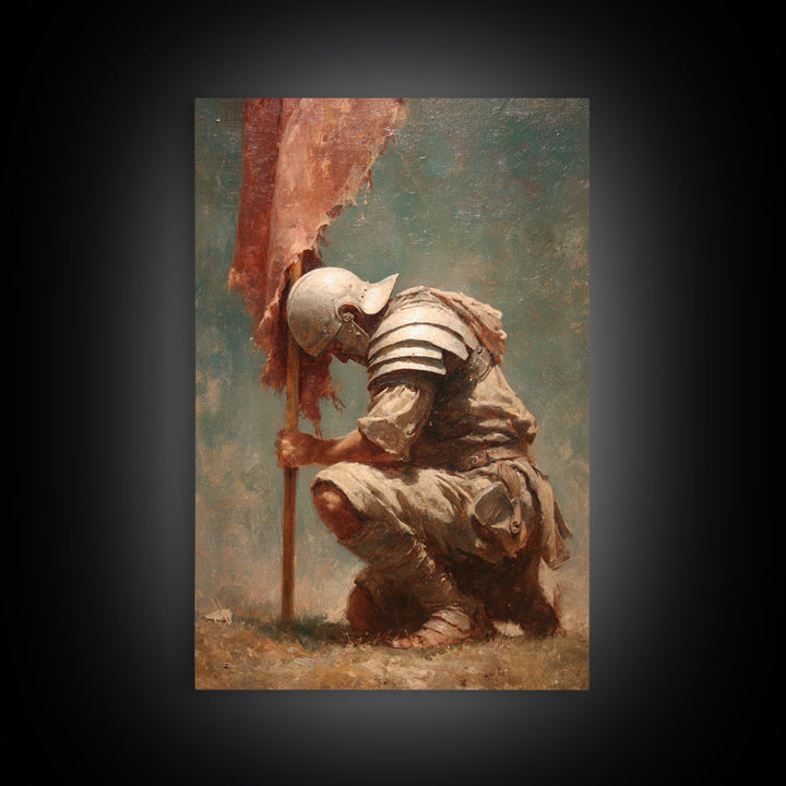 Kneeling Medieval Soldier With Torn Banner Wall Art, Somber Warrior Canvas Print, Historical Battle Decor, Memorial Gift