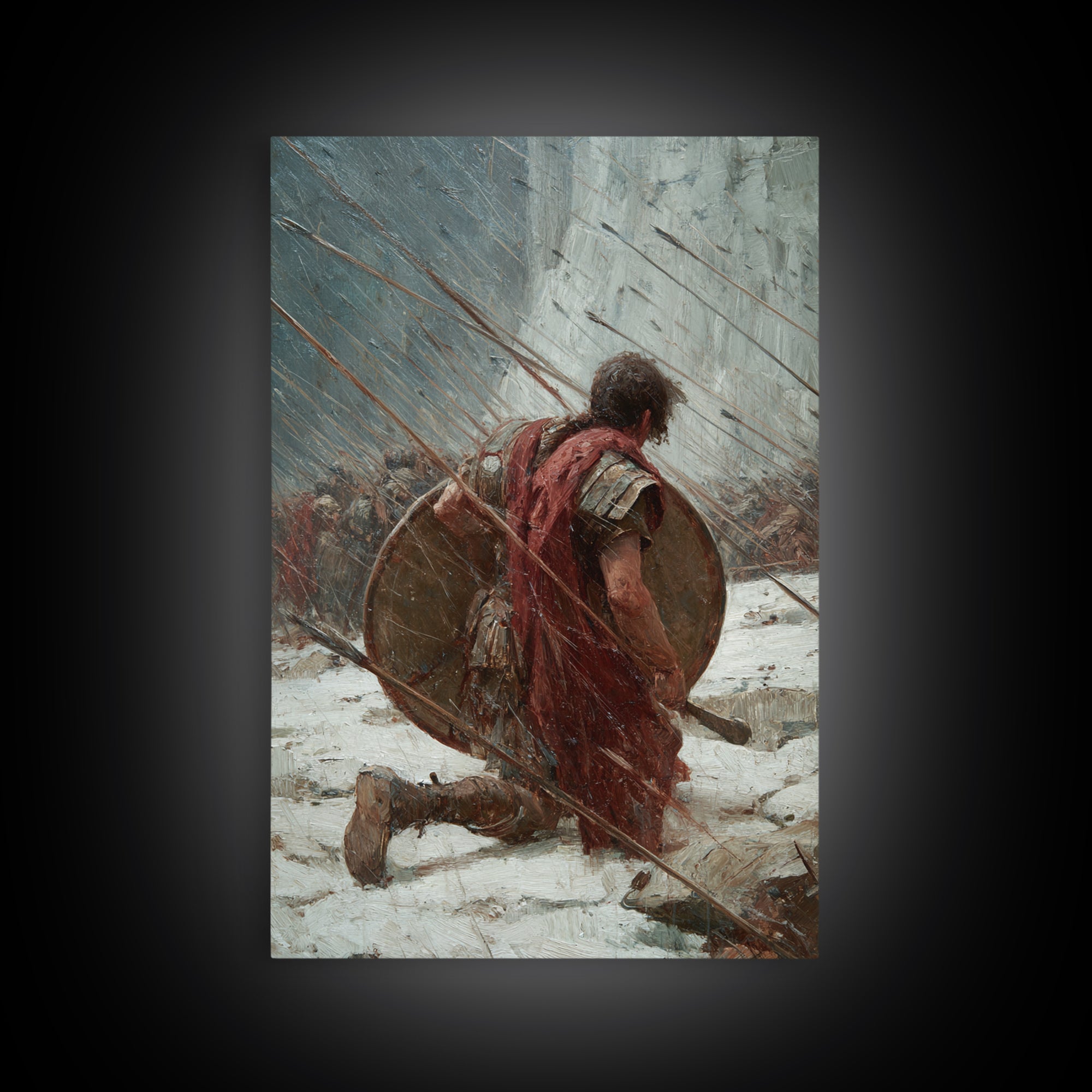Kneeling Roman Soldier In Arrow Storm Wall Art, Ancient Battle Canvas Print, Heroic Warrior Office Decor, History Gift For Him