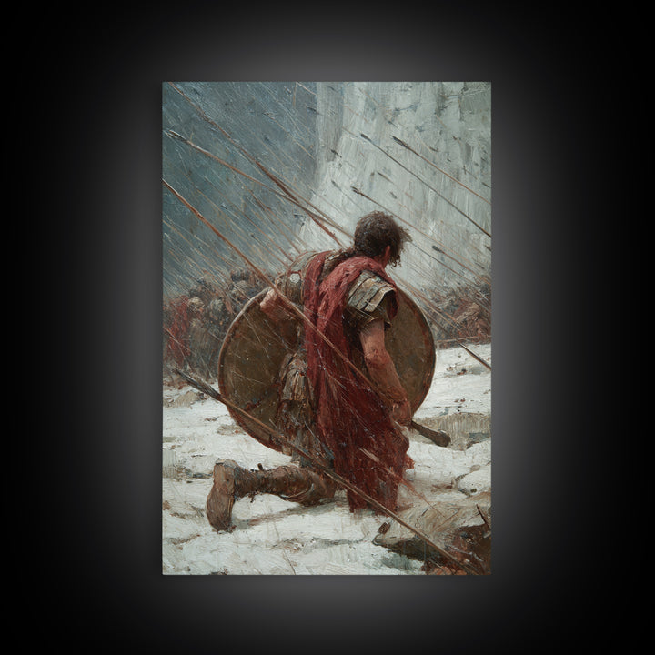Kneeling Roman Soldier In Arrow Storm Wall Art, Ancient Battle Canvas Print, Heroic Warrior Office Decor, History Gift For Him