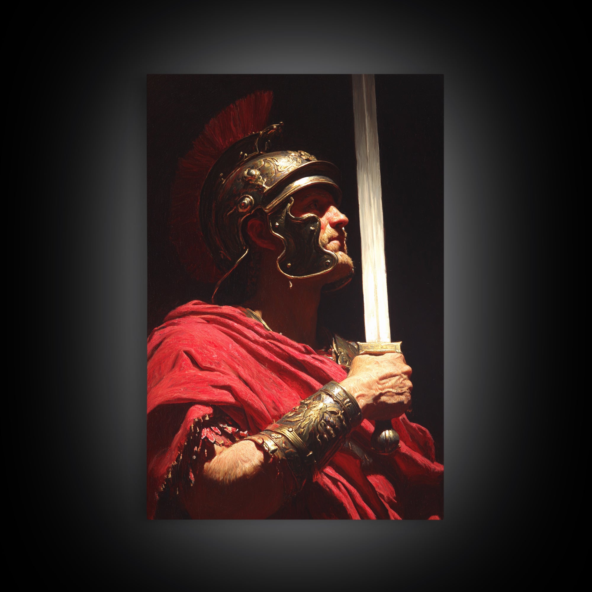 Classical Roman Soldier Portrait Oil Painting With Dramatic Lighting Wall Art For Home Decor And Office