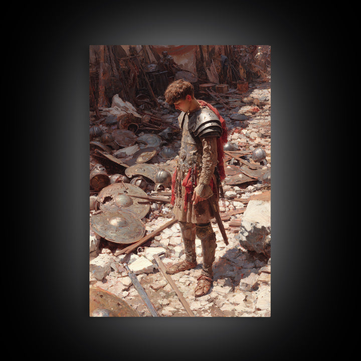 Young Warrior Among Fallen Shields Framed Canvas Print, Roman Battle Oil Painting, Historical Wall Art, Teen Boys Room Decor Gift