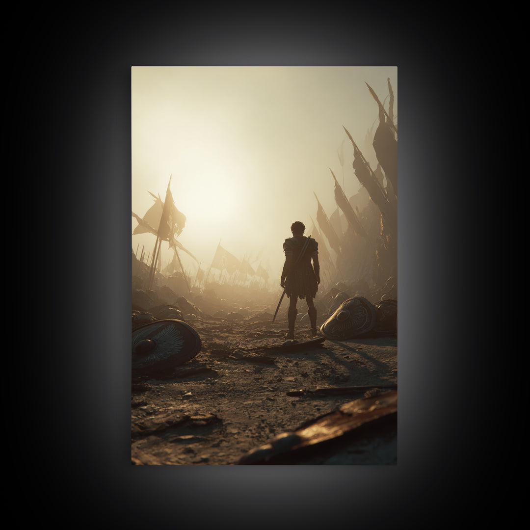 Lone Ancient Warrior In Sunlit Battlefield Canvas Print, Epic Fantasy Wall Art, Greek Battle Decor, Masculine Office Art