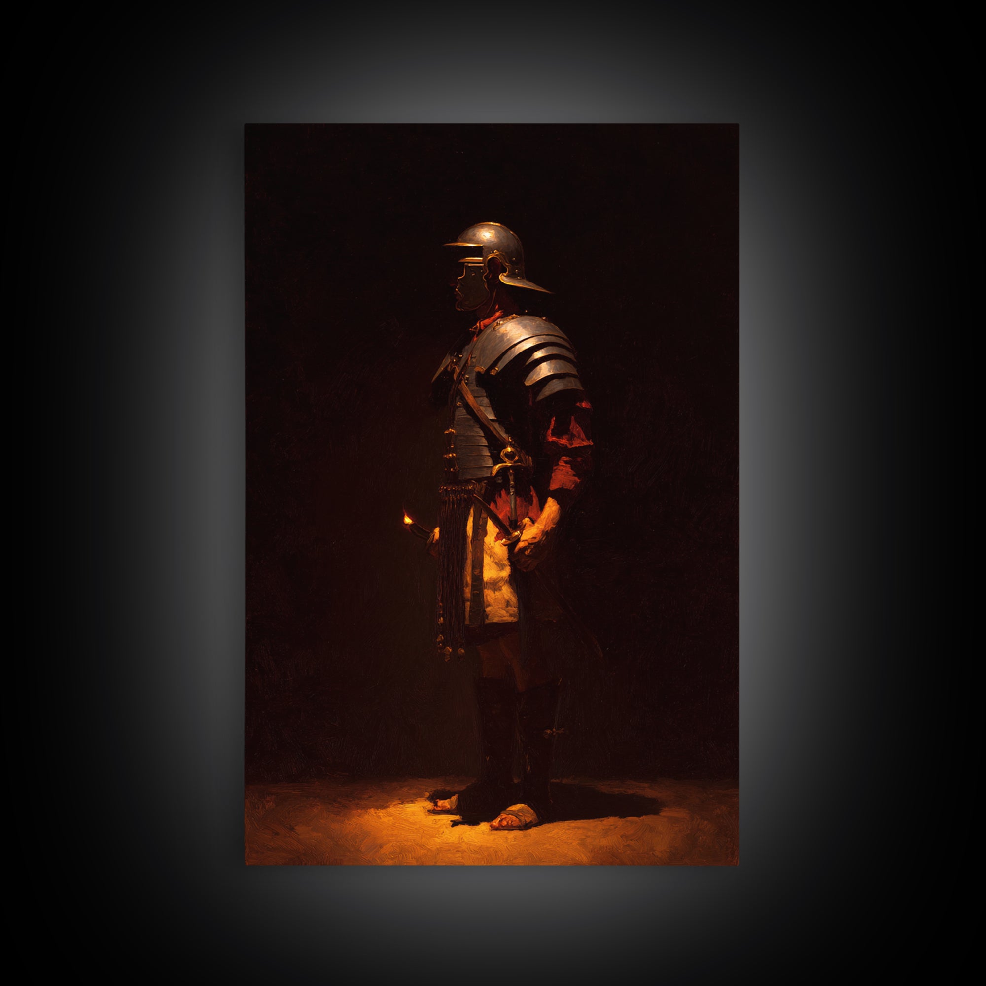 Roman Legionary In Bronze Armor, Framed Canvas Print, Dark Academia Wall Art, Ancient Warrior Decor, Office Art Print, Gift
