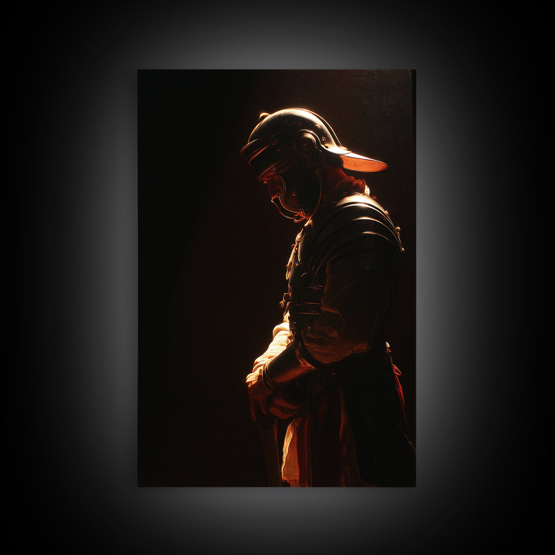 Moody Helmeted Warrior In Golden Rim Light Framed Canvas Print, Dark Fantasy Art, Masculine Office Decor, Gothic Wall Art