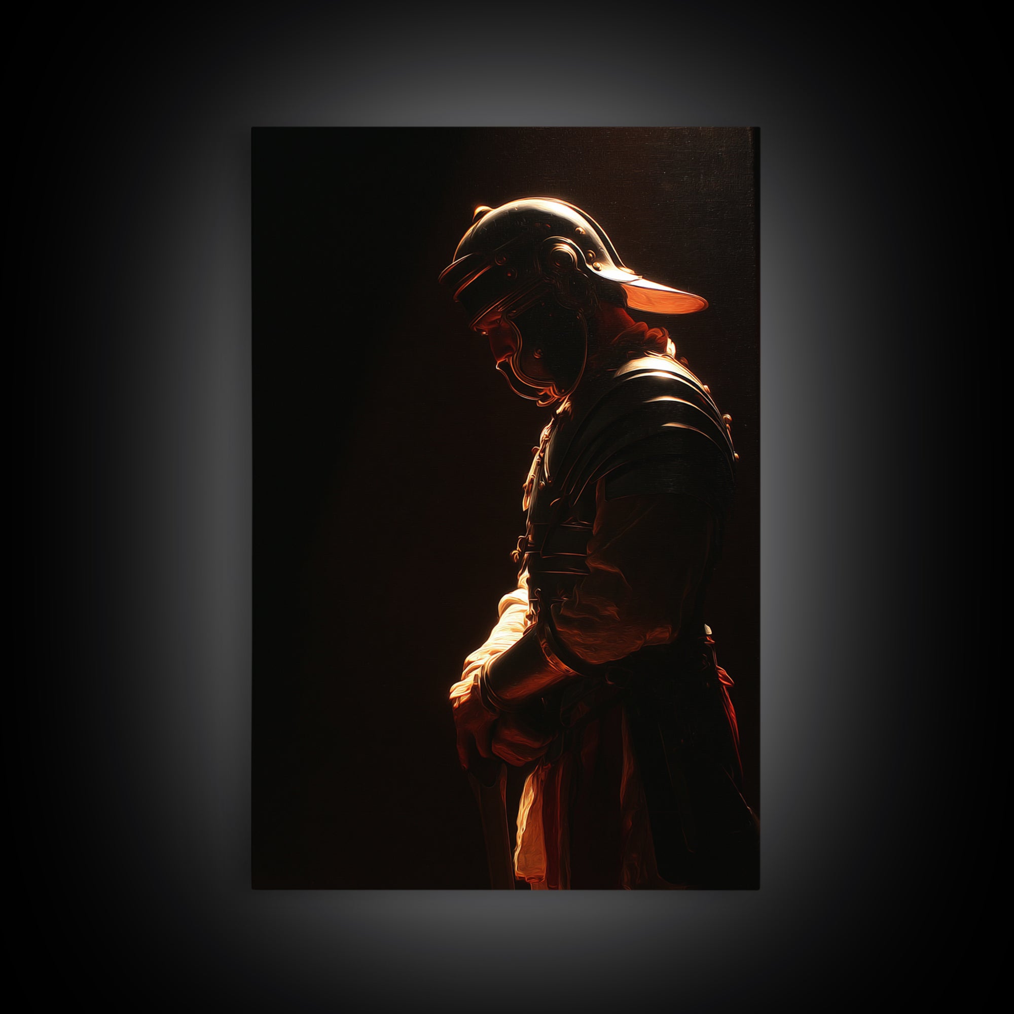 Moody Helmeted Warrior In Golden Rim Light Framed Canvas Print, Dark Fantasy Art, Masculine Office Decor, Gothic Wall Art