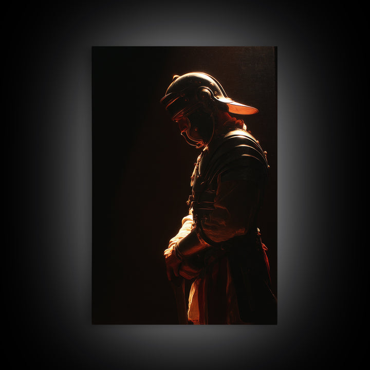 Moody Helmeted Warrior In Golden Rim Light Framed Canvas Print, Dark Fantasy Art, Masculine Office Decor, Gothic Wall Art