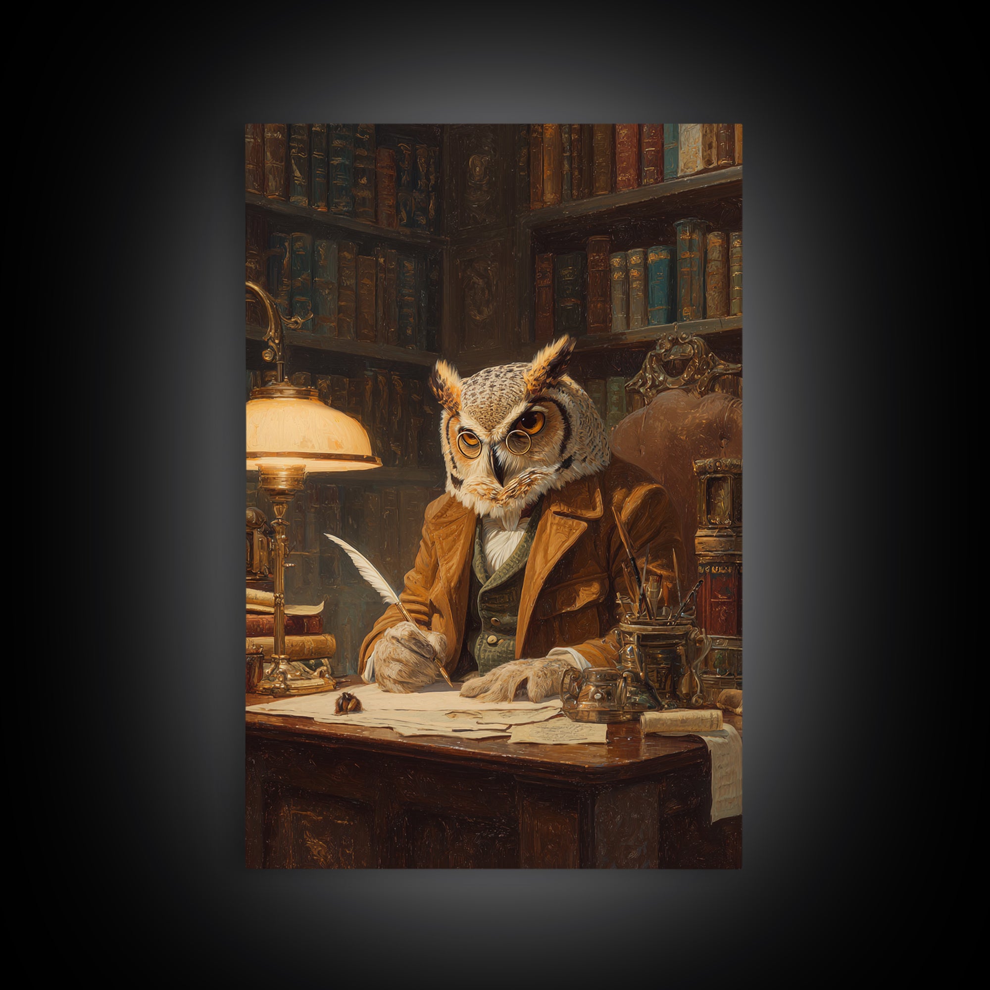 Scholarly Owl Writing In Antique Library Framed Canvas Print, Whimsical Animal Wall Art, Dark Academia Office Decor Gift