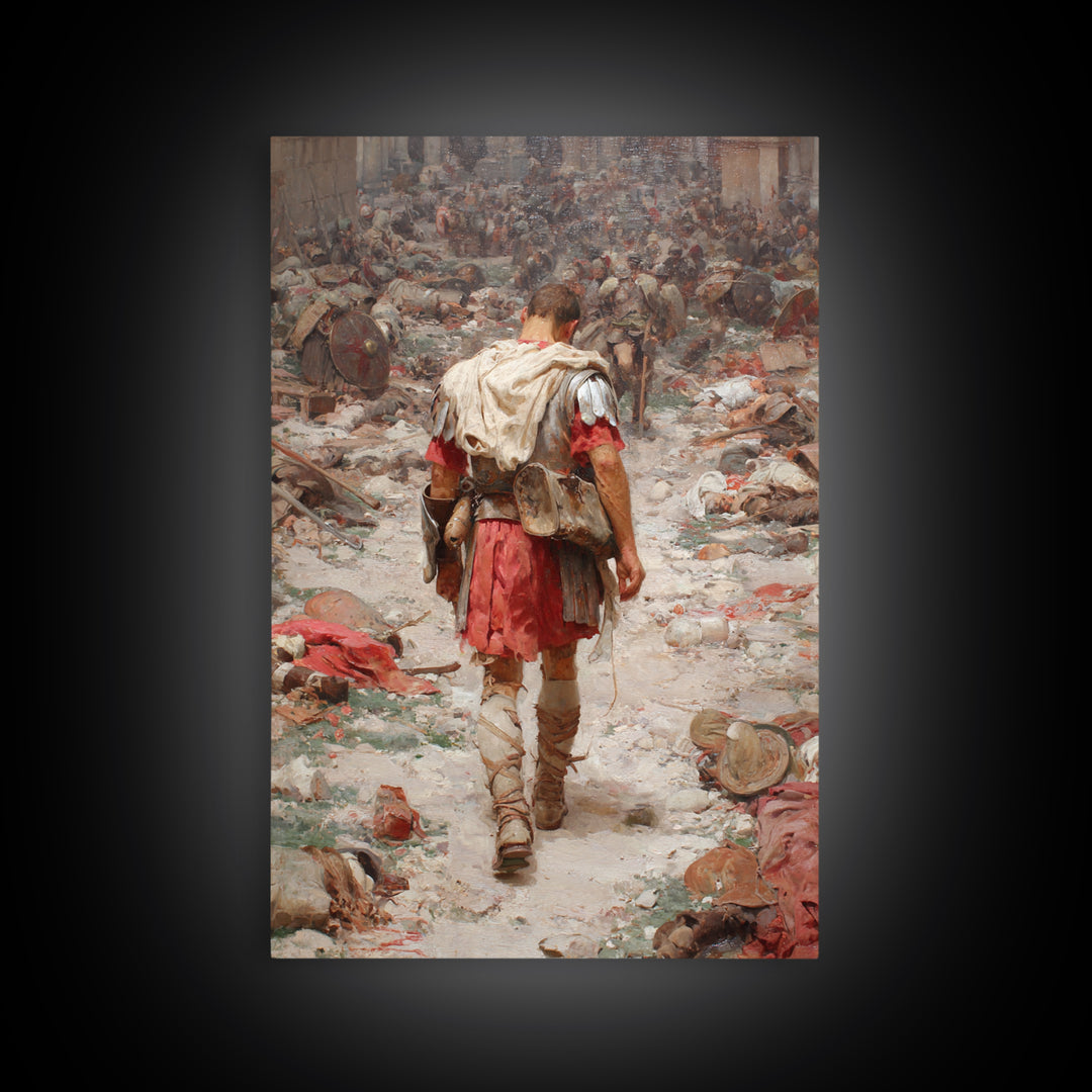 Historic Roman Soldier Amidst Battle Aftermath Detailed Painting Wall Art Canvas Print For History Buffs And Home Decor