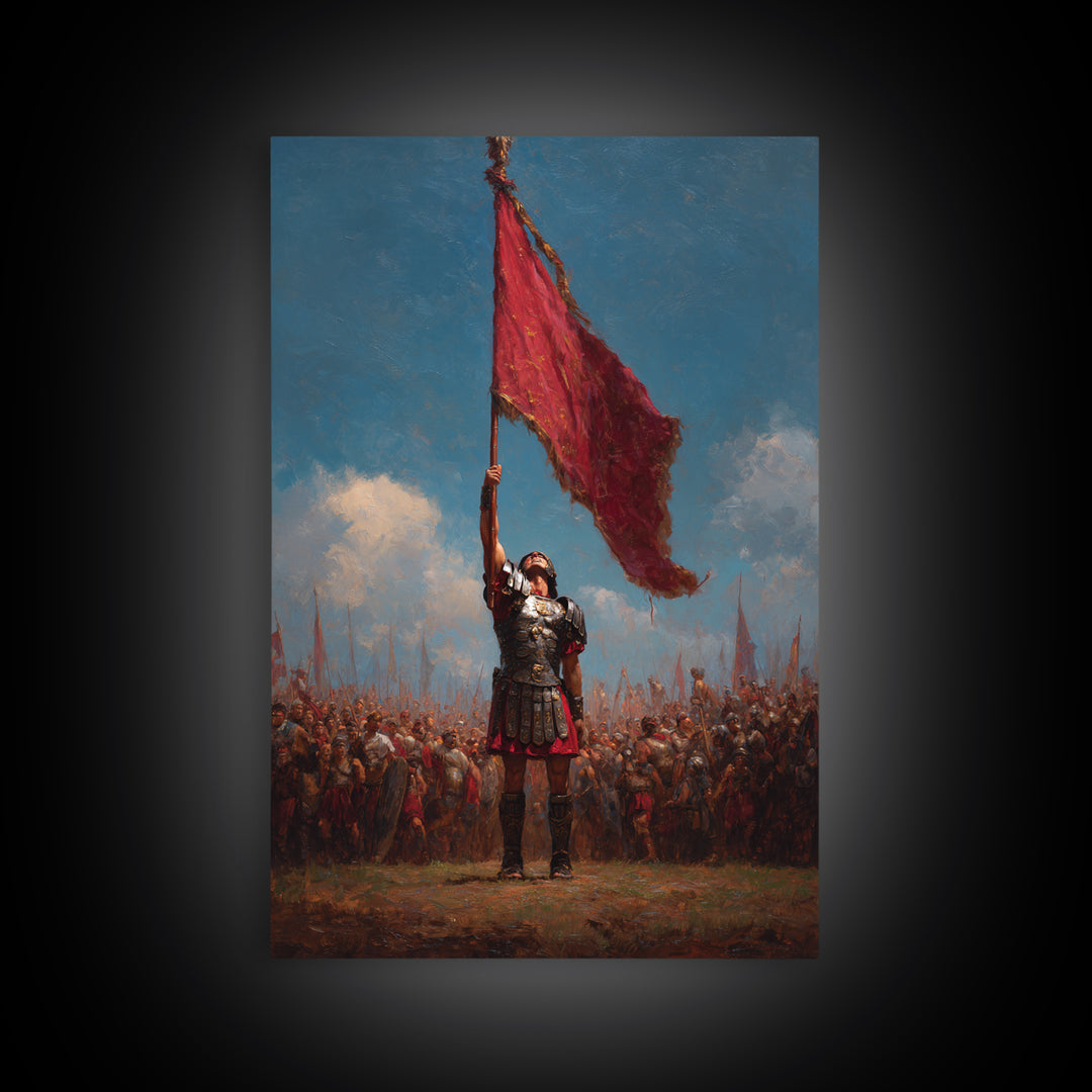 Roman Warrior Raising Red Battle Flag Wall Art, Historical Soldier Canvas, Dramatic Legion Artwork, Gift For Him, Living Room Decor
