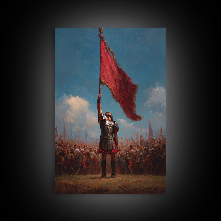 Roman Warrior Raising Red Battle Flag Wall Art, Historical Soldier Canvas, Dramatic Legion Artwork, Gift For Him, Living Room Decor