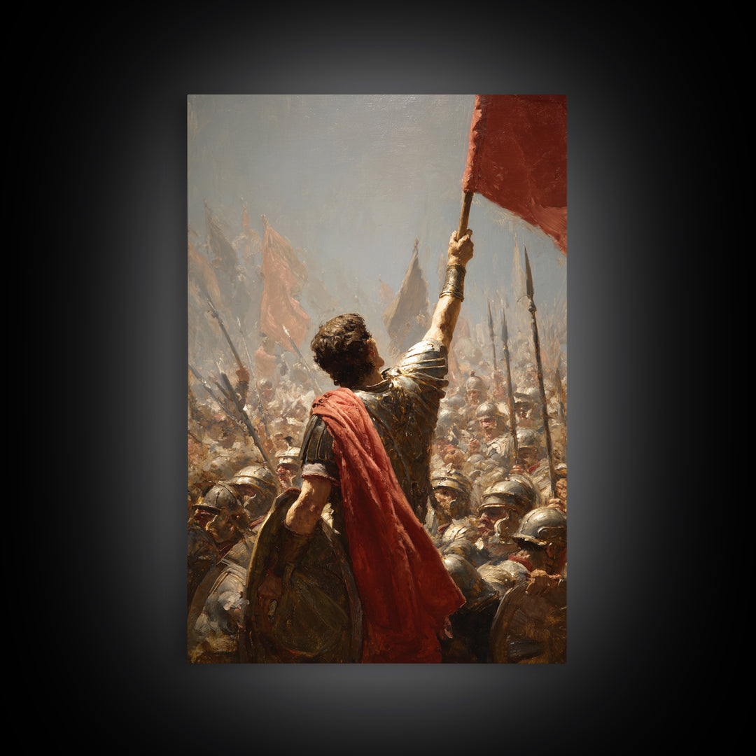 Roman Standard Bearer In Battle Wall Art, Dramatic Warrior Oil Painting, Historical Fine Art Print, Masculine Office Decor