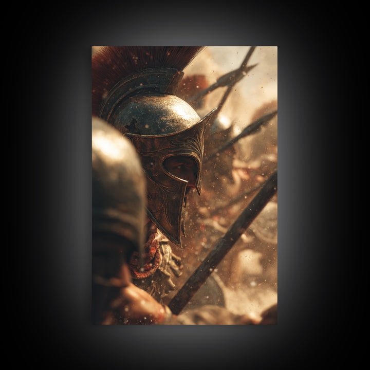 Bronze Spartan Helmet In Ancient Battle Canvas Print, Greek Warrior Wall Art, Historical Office Decor, Masculine Gift For Him