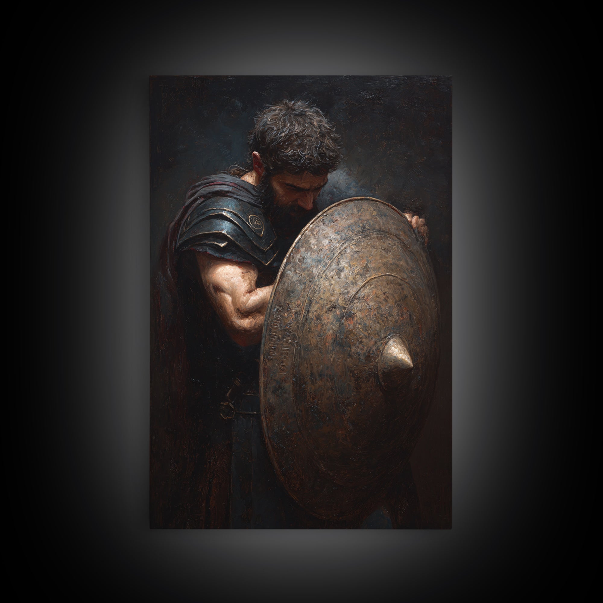 Bearded Warrior Holding Round Bronze Shield Framed Canvas Print, Spartan Wall Art, Masculine Office Decor, Fine Art Print