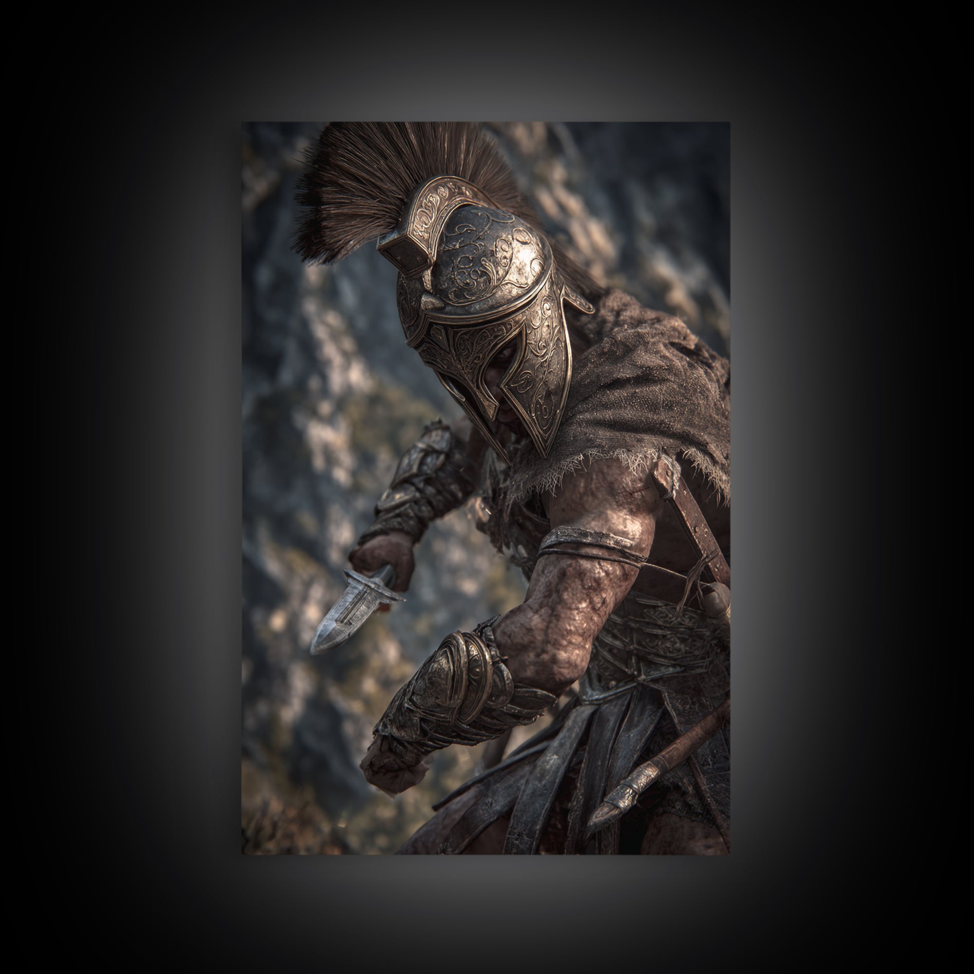 Armored Spartan Warrior With Bronze Helmet Wall Art, Ancient Greek Canvas Print, Masculine Office Decor, History Gift For Him