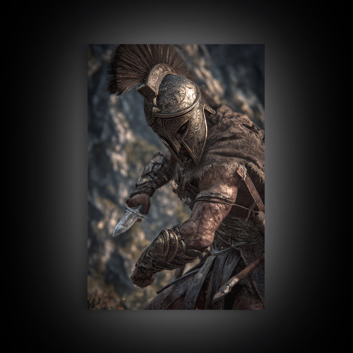 Armored Spartan Warrior With Bronze Helmet Wall Art, Ancient Greek Canvas Print, Masculine Office Decor, History Gift For Him