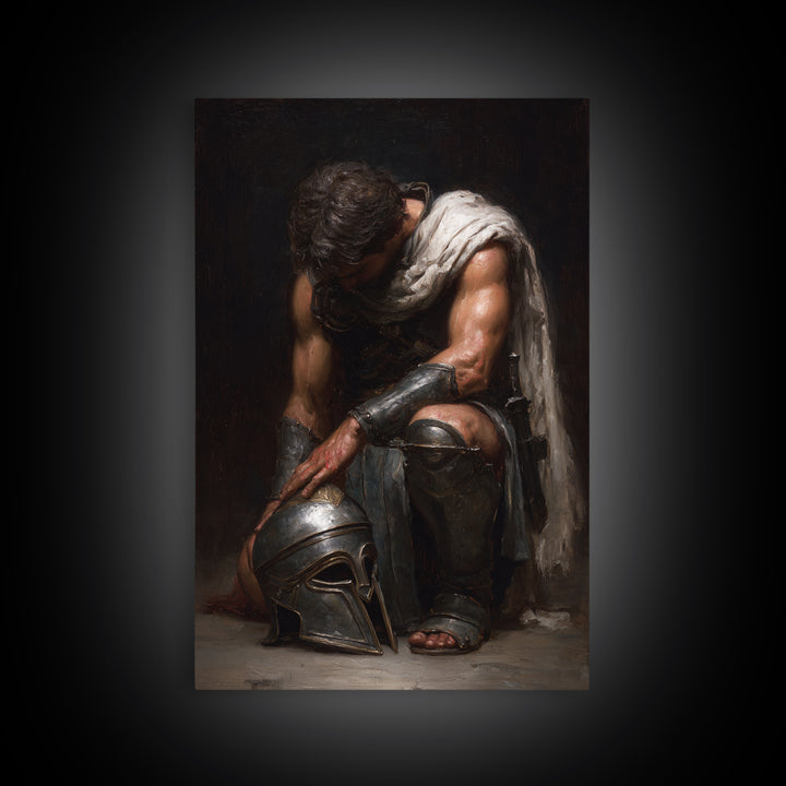 Kneeling Gladiator With Helmet Framed Canvas Print, Roman Warrior Oil Painting, Dark Academia Wall Art, Masculine Decor Gift