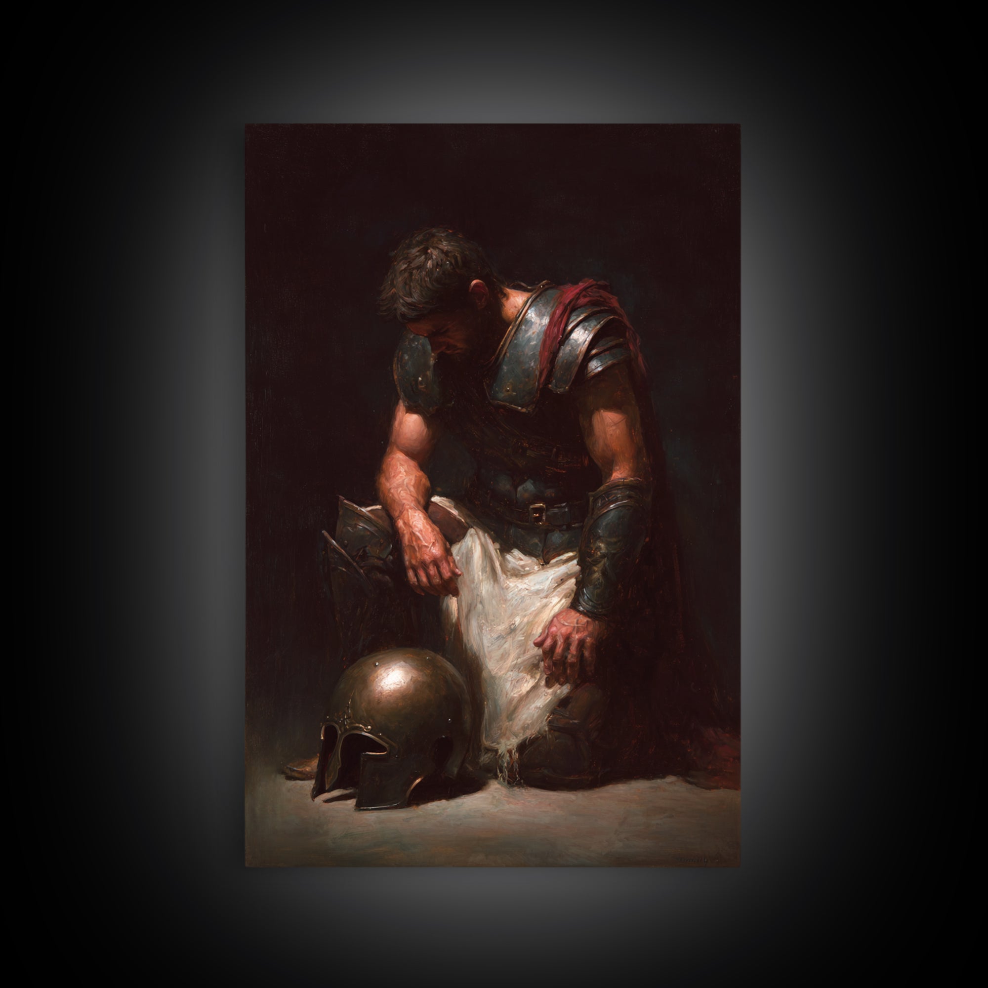 Kneeling Roman Soldier With Bronze Helmet Canvas Print, Dark Academia Wall Art, Moody Historical Warrior Art Decor, Gift For Him