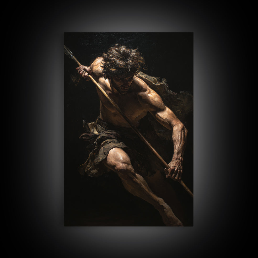 Classical Spear Warrior In Shadow Framed Canvas Print, Mythological Wall Art, Dark Academia Decor, Masculine Fine Art Print