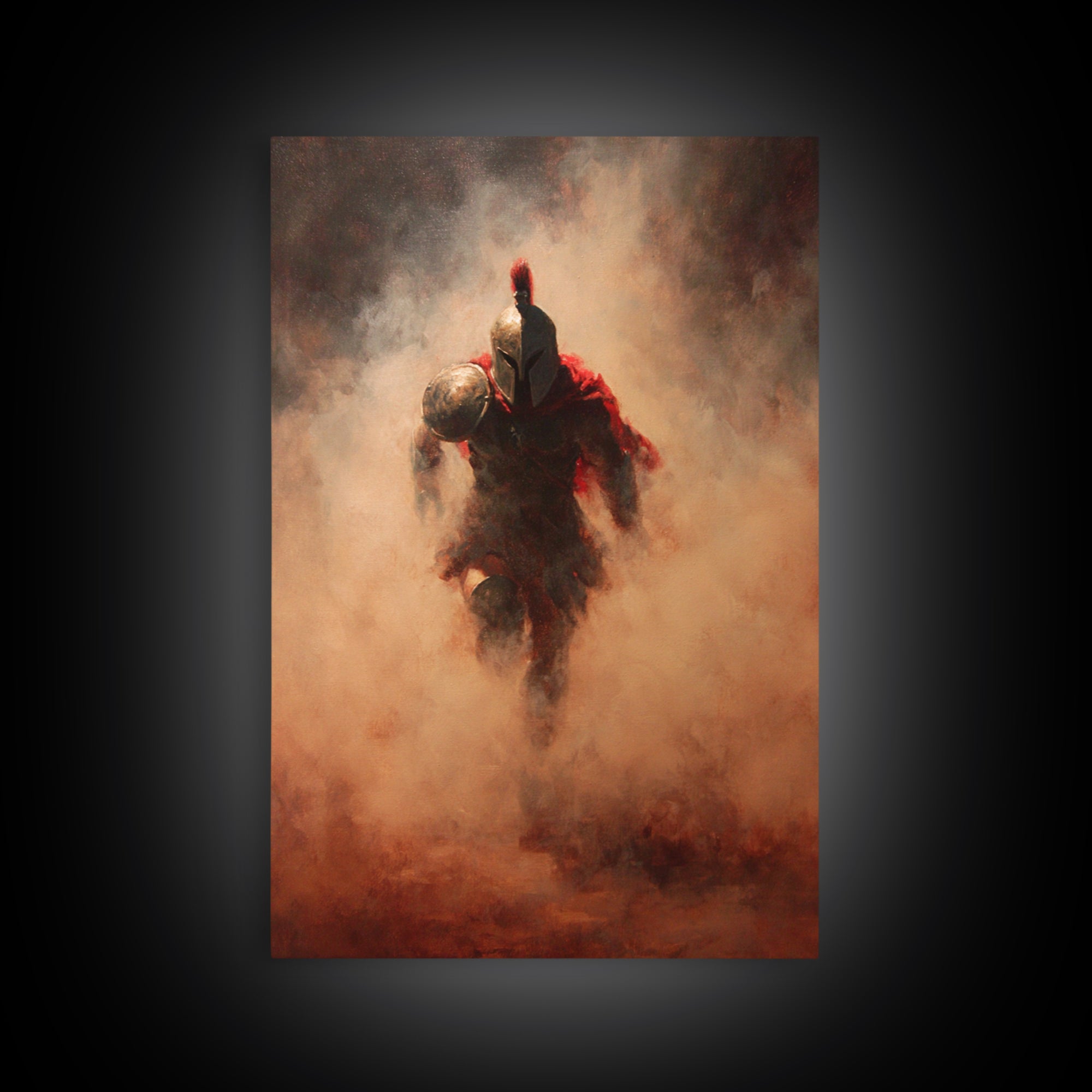 Spartan Warrior Emerging Through Red Smoke, Canvas Print, Dramatic Battle Wall Art, Ancient Greek Decor, Masculine Art, Gift For Him