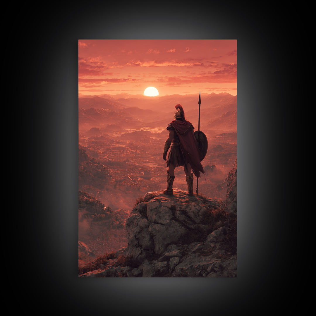 Spartan Warrior At Red Sunset, Epic Landscape Wall Art, Greek Soldier Canvas Print, Masculine Office Decor, Gift For Him