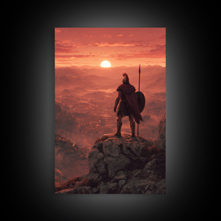 Spartan Warrior At Red Sunset, Epic Landscape Wall Art, Greek Soldier Canvas Print, Masculine Office Decor, Gift For Him