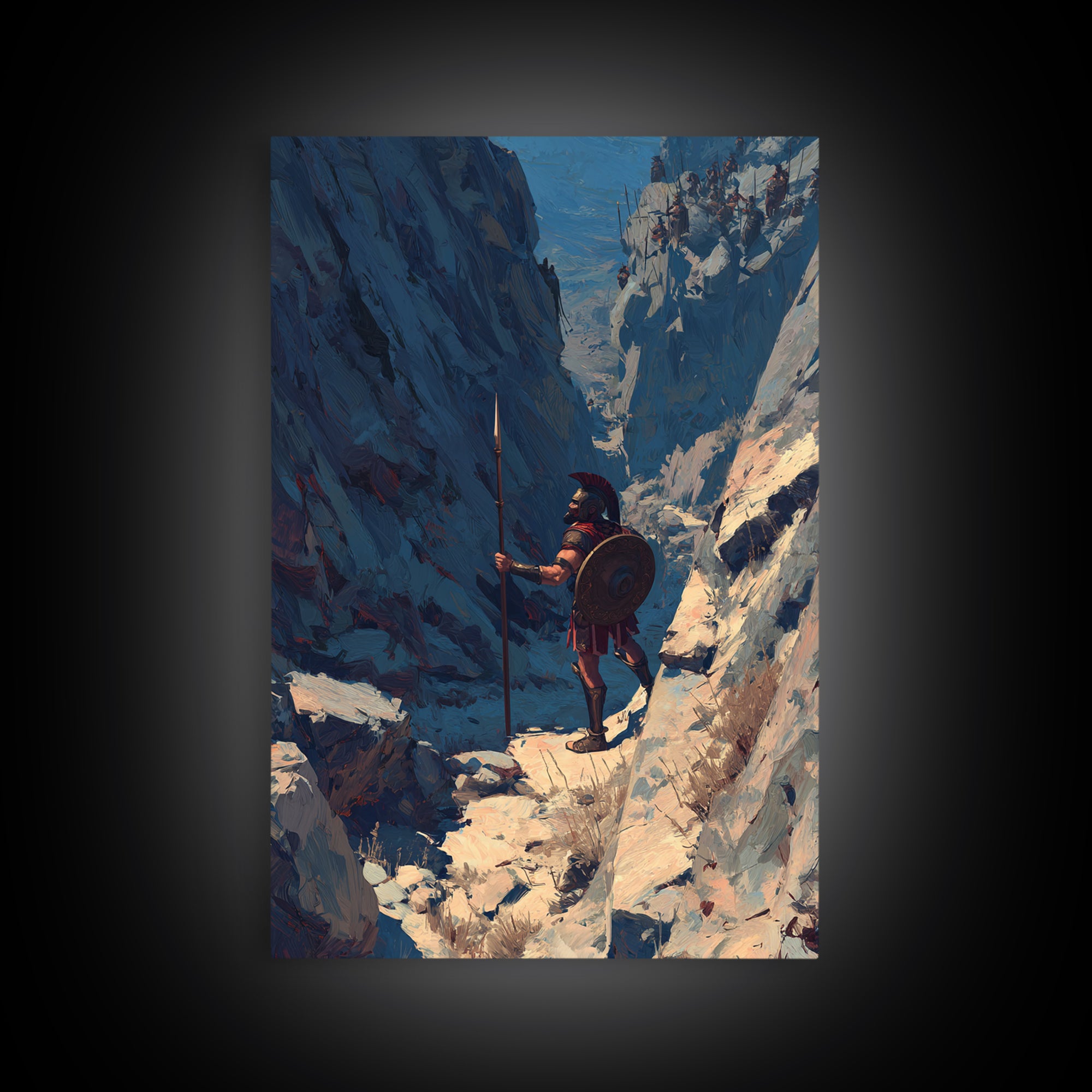 Spartan Warrior In Snowy Mountain Pass Framed Canvas Print, Ancient Greek Wall Art, Masculine Office Decor Gift, Housewarming Gift