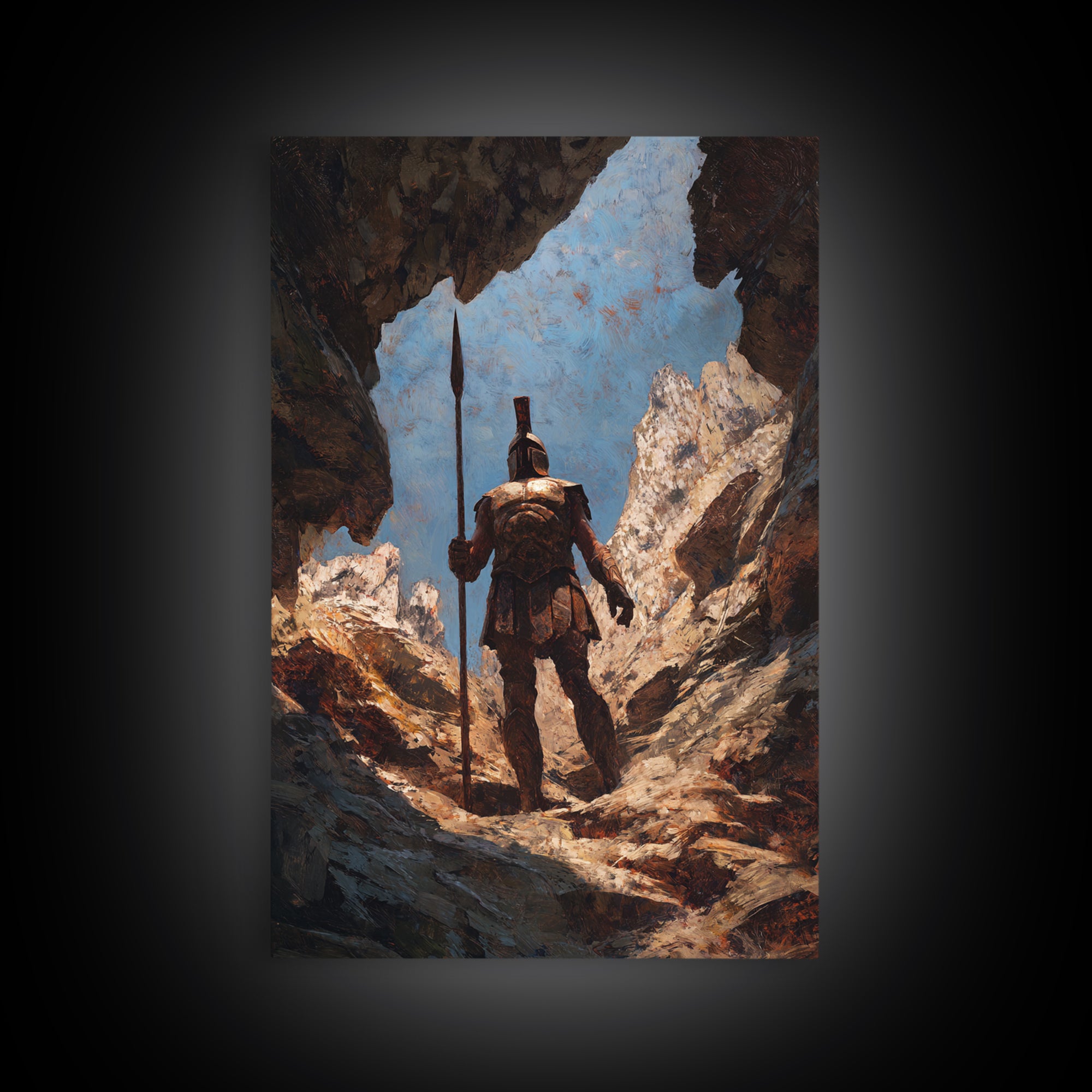 Spartan Warrior In Mountain Cave Framed Canvas Print, Ancient Greek Wall Art, Fantasy Adventure Decor, Gift For Him, Office Decor