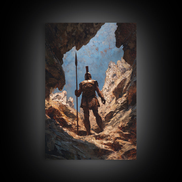 Spartan Warrior In Mountain Cave Framed Canvas Print, Ancient Greek Wall Art, Fantasy Adventure Decor, Gift For Him, Office Decor