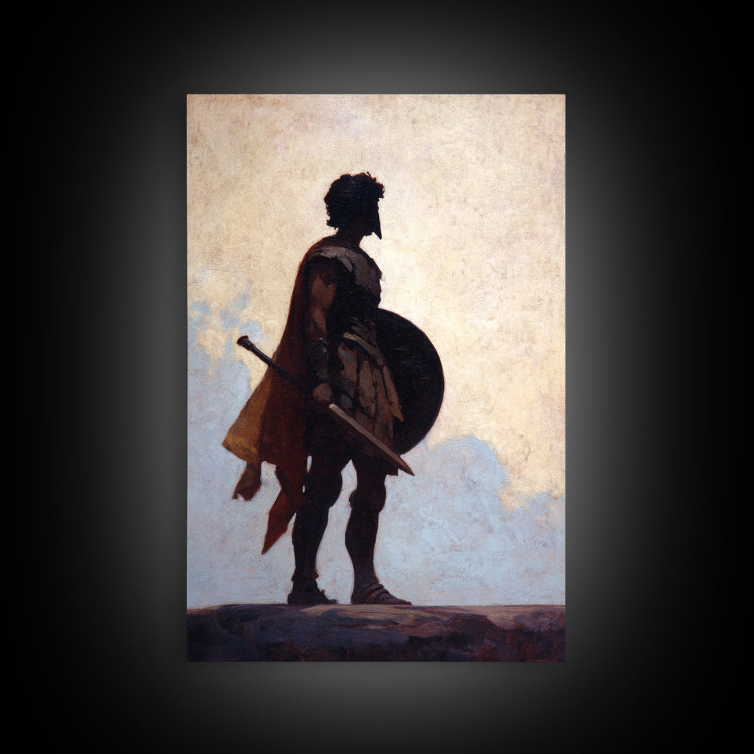 Ancient Warrior Silhouette With Shield And Sword Wall Art, Roman Soldier Canvas, Masculine Office Decor, Historical Fine Art Print