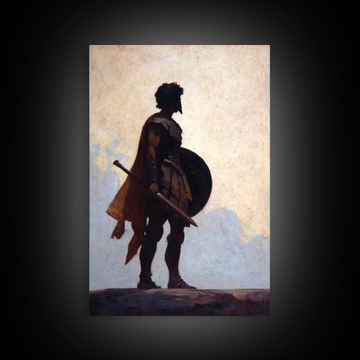 Ancient Warrior Silhouette With Shield And Sword Wall Art, Roman Soldier Canvas, Masculine Office Decor, Historical Fine Art Print