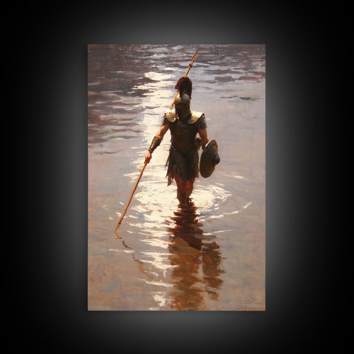 Solitary Spartan Warrior In Shimmering Water Wall Art, Ancient Spear Canvas Print, Greek History Living Room And Office Decor
