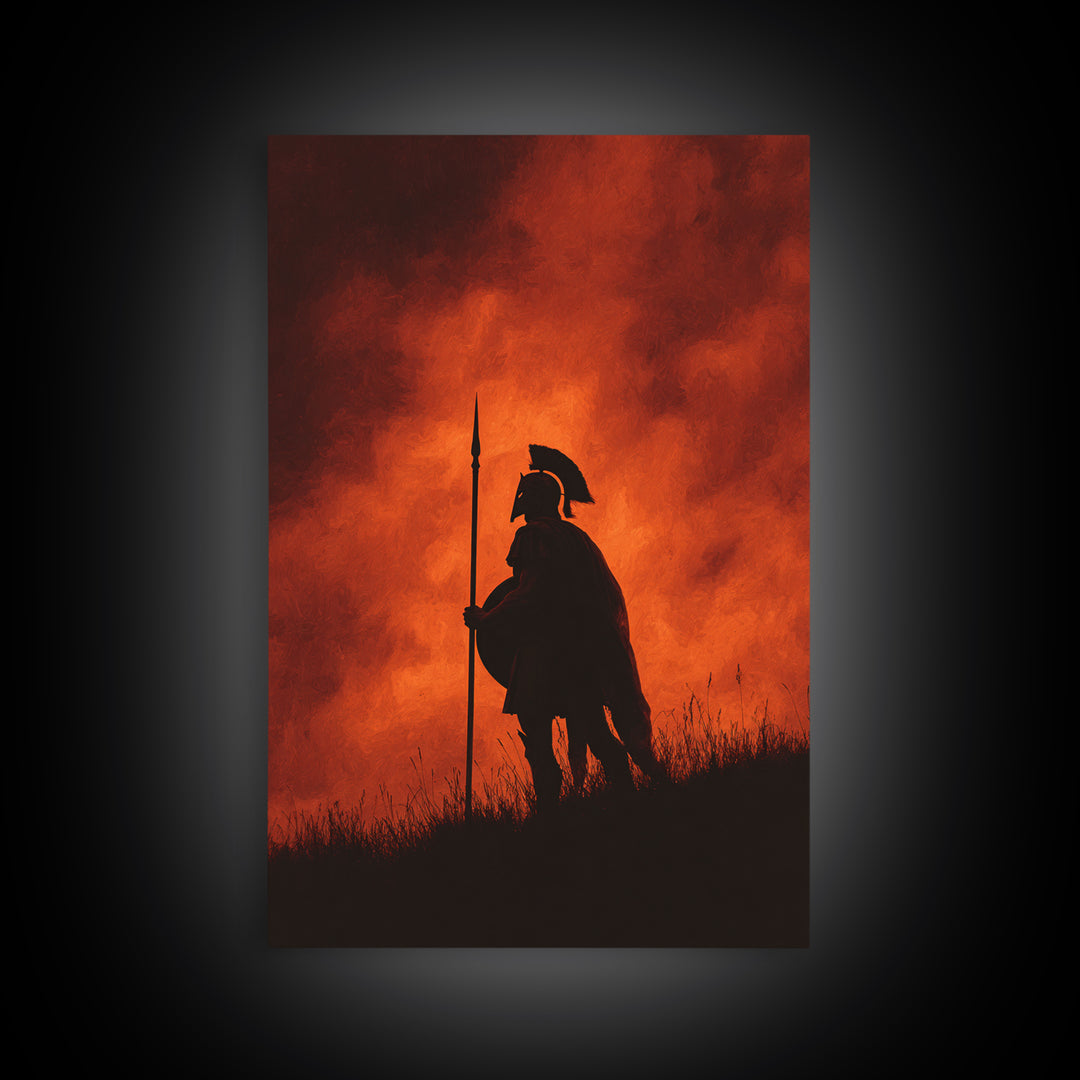 Spartan Silhouette At Red Sunset Wall Art, Ancient Warrior Canvas Print, Dramatic Battle Painting, Masculine Decor Gift For Him