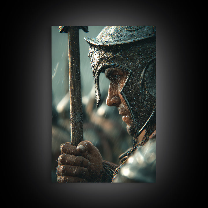 Rain Soaked Warrior Helmet Closeup Canvas Print, Spartan Soldier Wall Art, Dark Historical Decor, Masculine Gift For Him