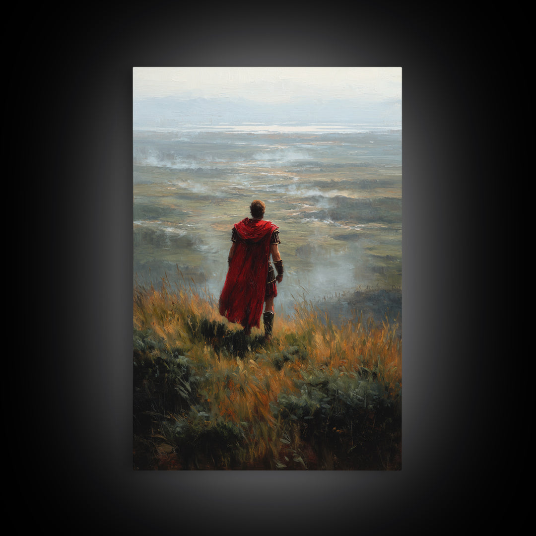Roman Soldier In Red Cape Over Misty Valley Wall Art, Historical Landscape Painting, Moody Warrior Art Decor, Gift For Him