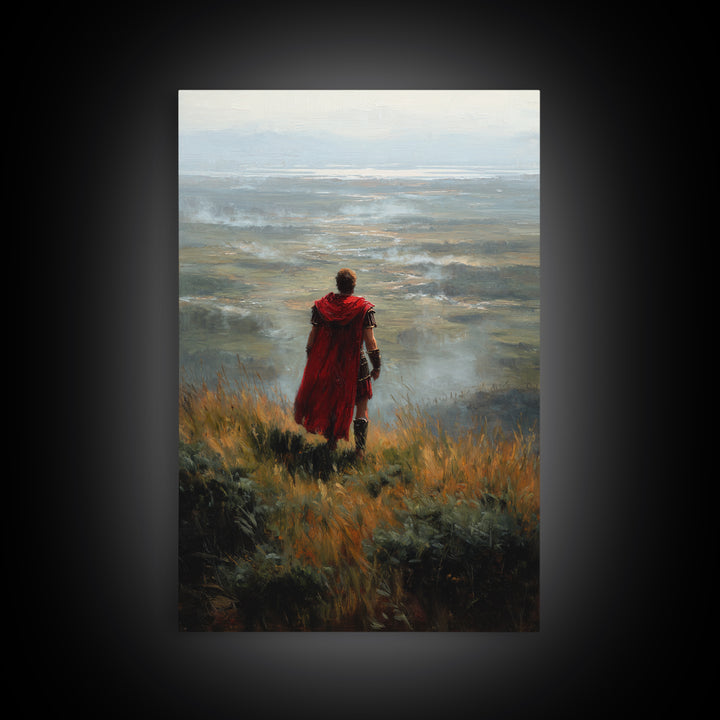 Roman Soldier In Red Cape Over Misty Valley Wall Art, Historical Landscape Painting, Moody Warrior Art Decor, Gift For Him
