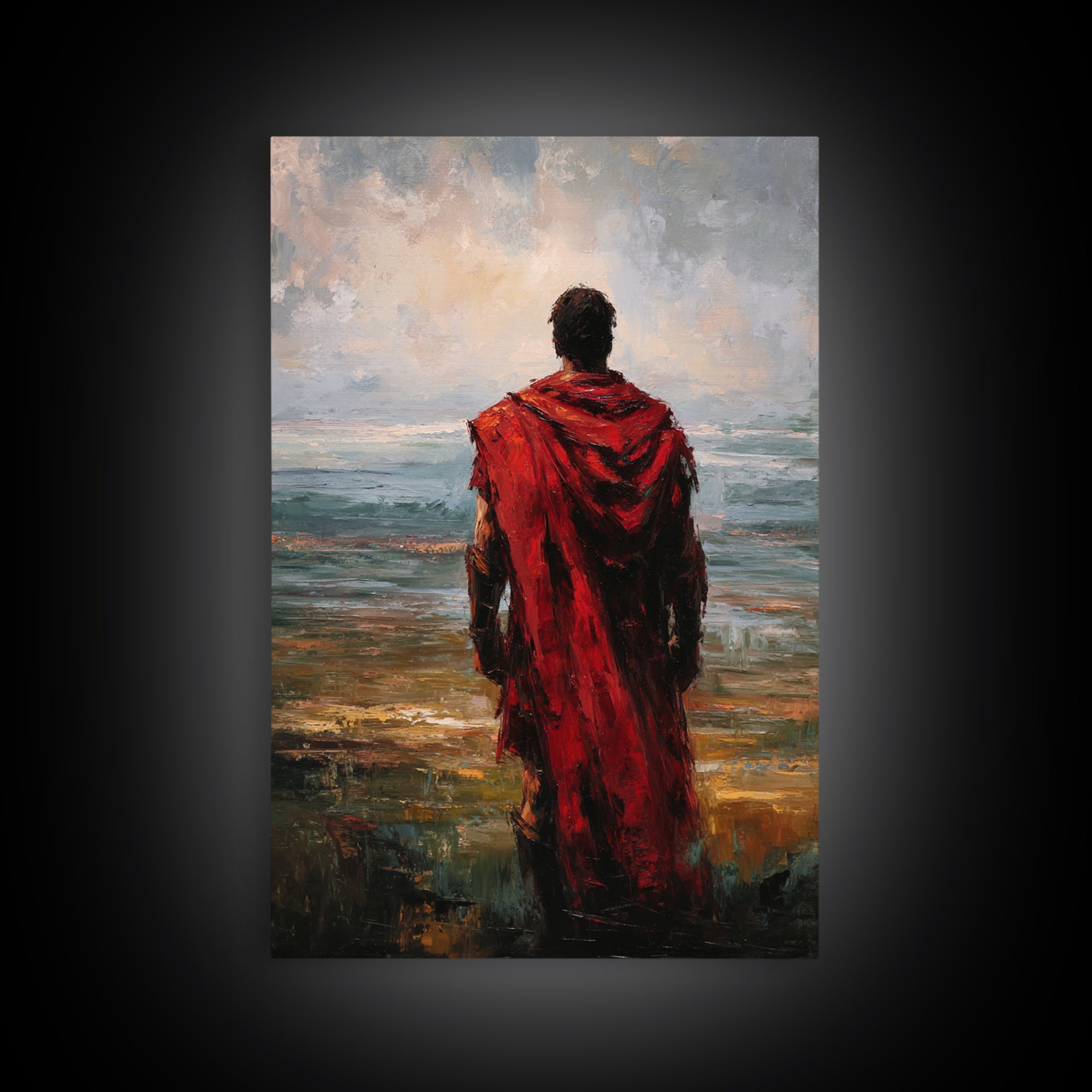Red Cloaked Warrior Gazing At Sea Canvas Print, Moody Seascape Oil Painting, Roman Wall Art, Masculine Living Room Decor