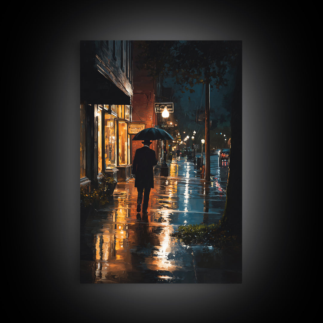 Rainy City Street With Umbrella At Night Wall Art, Moody Urban Landscape Print, Noir Office Decor, Modern Home Decor, Contemporary Art