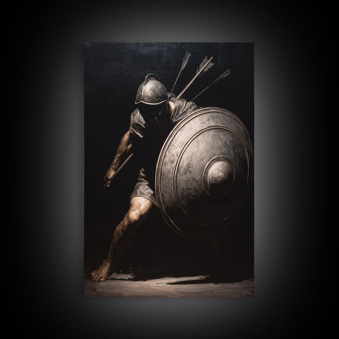 Wounded Medieval Knight Framed Canvas Print, Dark Academia Wall Art, Gothic Warrior Painting, Masculine Office Decor Gift