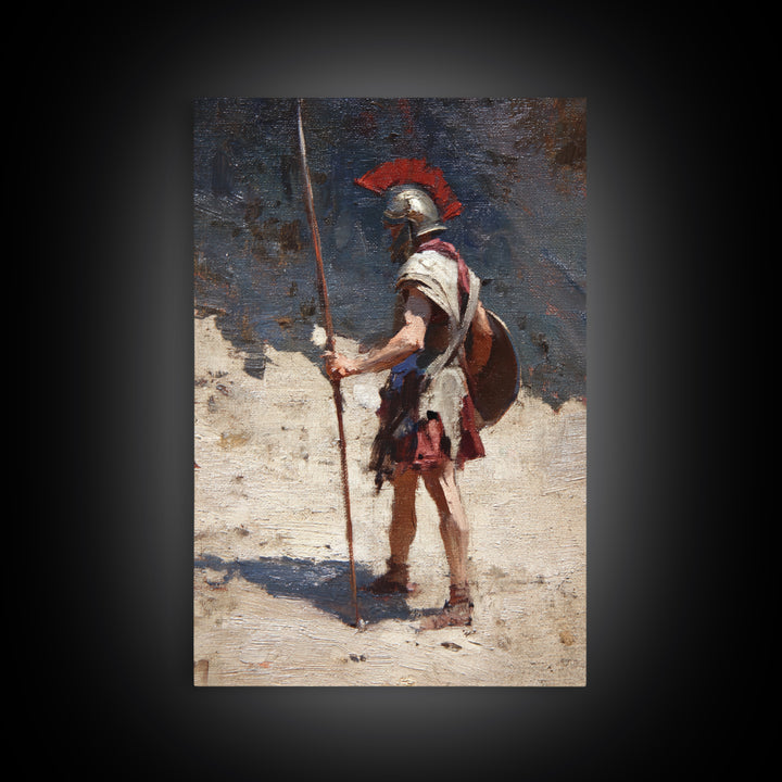 Solitary Roman Guard With Spear Wall Art, Ancient Soldier Canvas Print, Historical Warrior Decor, Masculine Office Art Gift