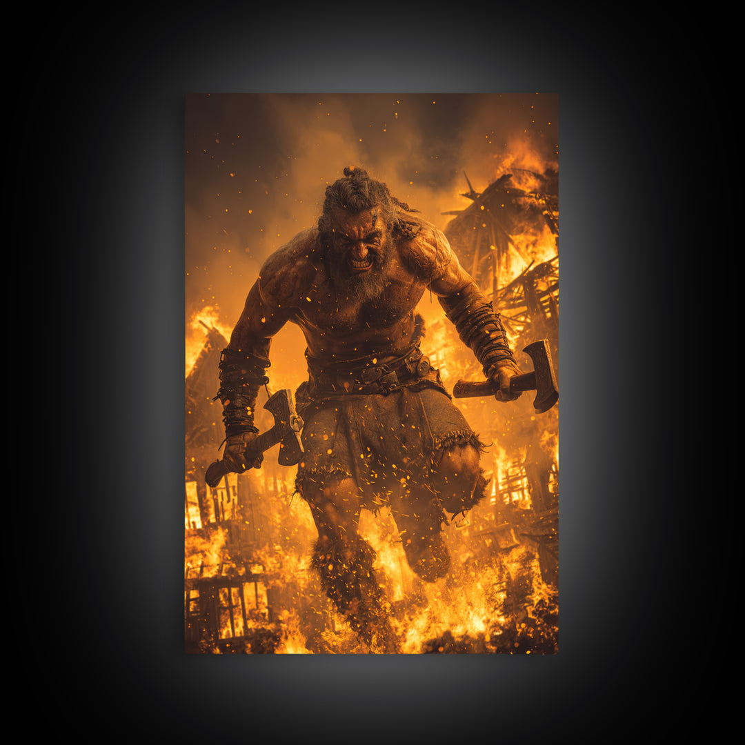 Fiery Berserker Giant With Axes, Dark Fantasy Wall Art, Viking Warrior Canvas, Gothic Decor, Man Cave, Statement Artwork Print