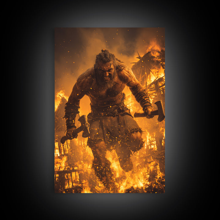 Fiery Berserker Giant With Axes, Dark Fantasy Wall Art, Viking Warrior Canvas, Gothic Decor, Man Cave, Statement Artwork Print