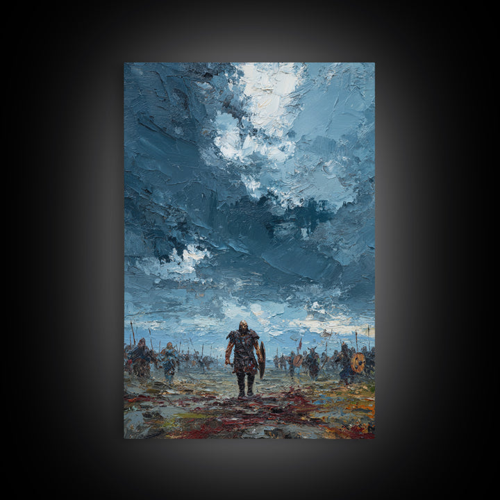 Warrior Walking Across Stormy Battlefield Wall Art, Textured Viking Canvas Print For Masculine Office Decor And Gift For Him