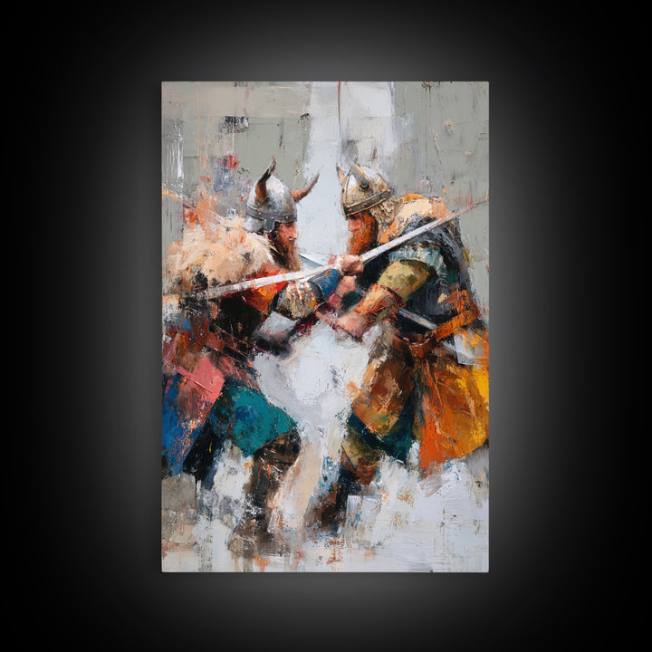 Viking Warriors Clashing Swords Canvas Print, Norse Battle Wall Art, Bold Historical Painting, Rustic Home Decor, Gift For Him