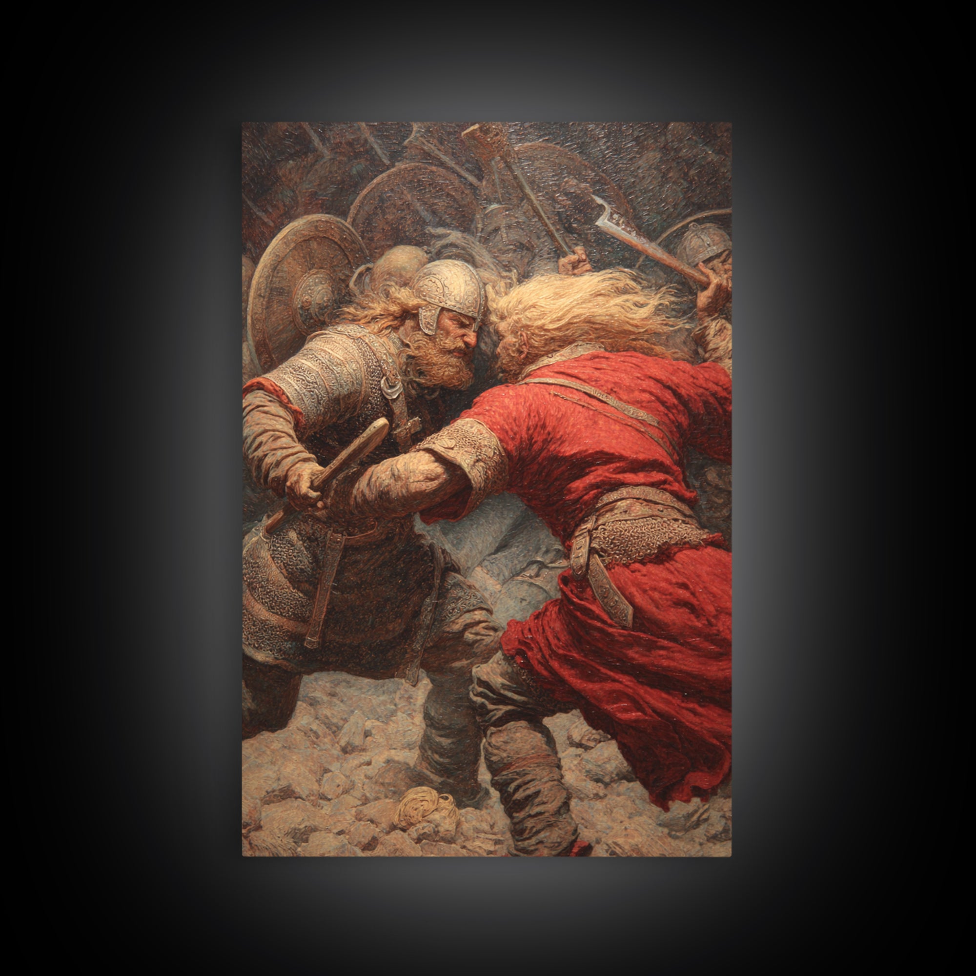 Viking Warriors Locked In Battle Wall Art, Norse Mythology Oil Painting, Historical Art Print, Rustic Man Cave Decor Gift