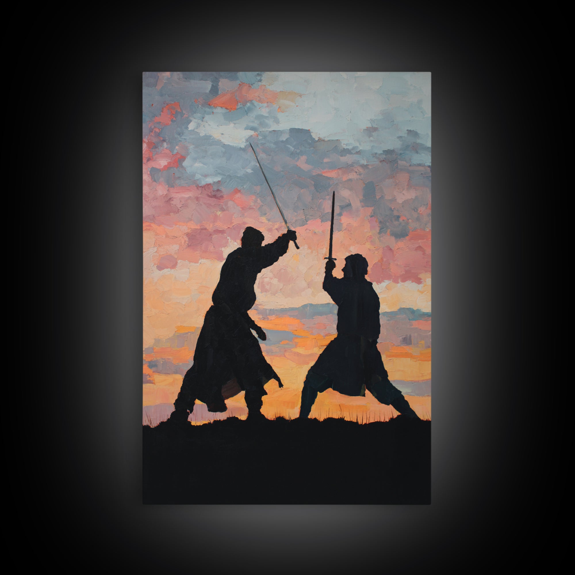Samurai Sword Duel At Sunset Wall Art, Dramatic Warrior Canvas Print, Japanese Battle Decor, Martial Arts Gift For Him, Dojo Decor