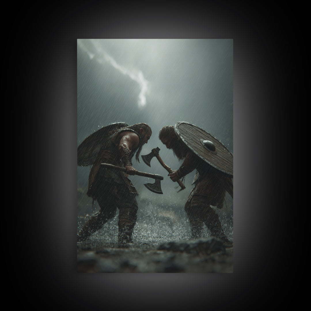 Viking Warriors Duel In Heavy Rain Wall Art, Nordic Battle Canvas Print, Dark Fantasy Decor, Masculine Office Art Gift For Him