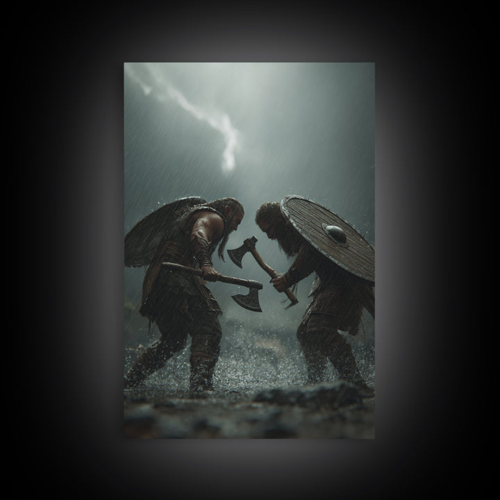 Viking Warriors Duel In Heavy Rain Wall Art, Nordic Battle Canvas Print, Dark Fantasy Decor, Masculine Office Art Gift For Him