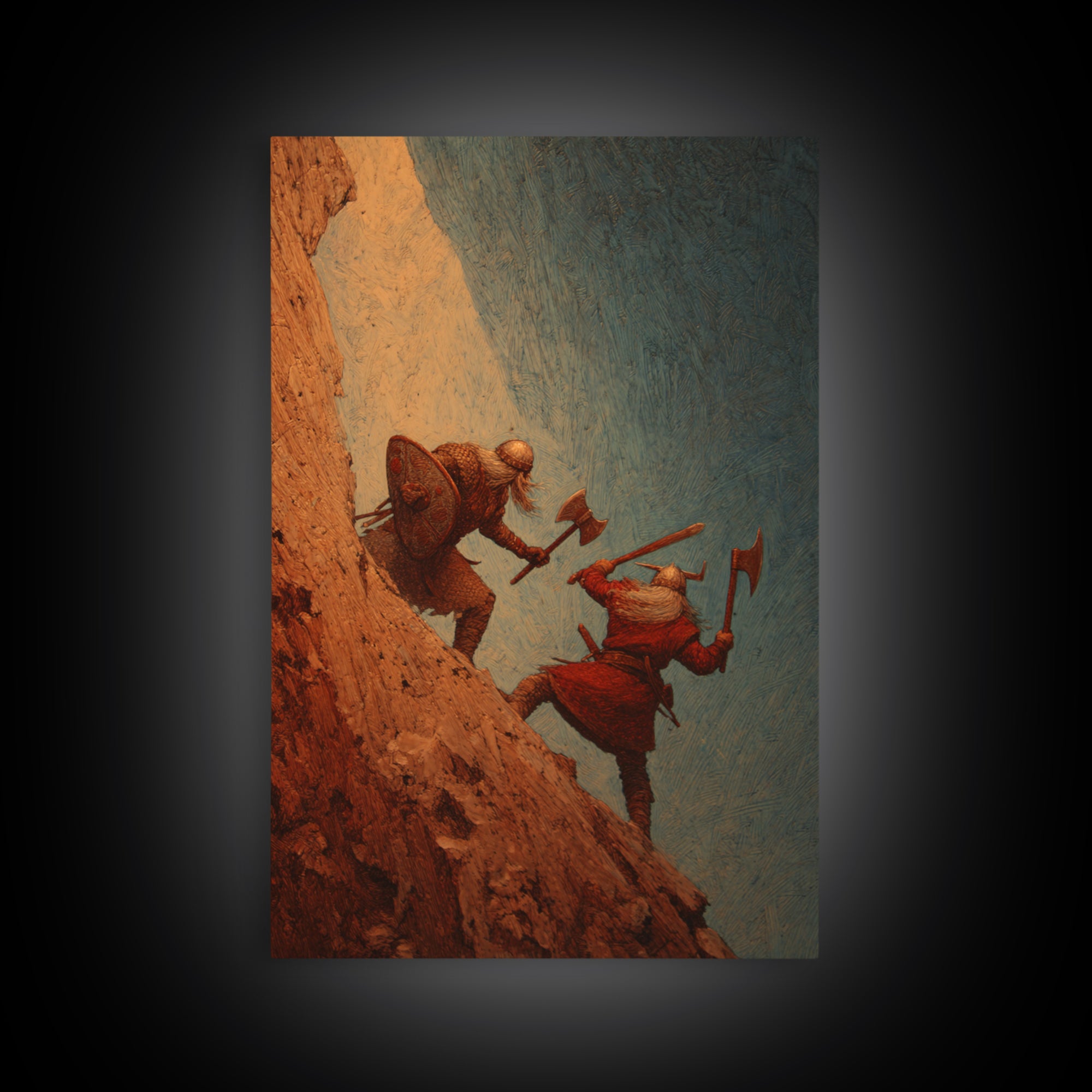 Viking Cliff Duel Wall Art, Norse Axes And Shields Fantasy Canvas Print, Warrior Battle Decor, Medieval Man Cave Wall Decor